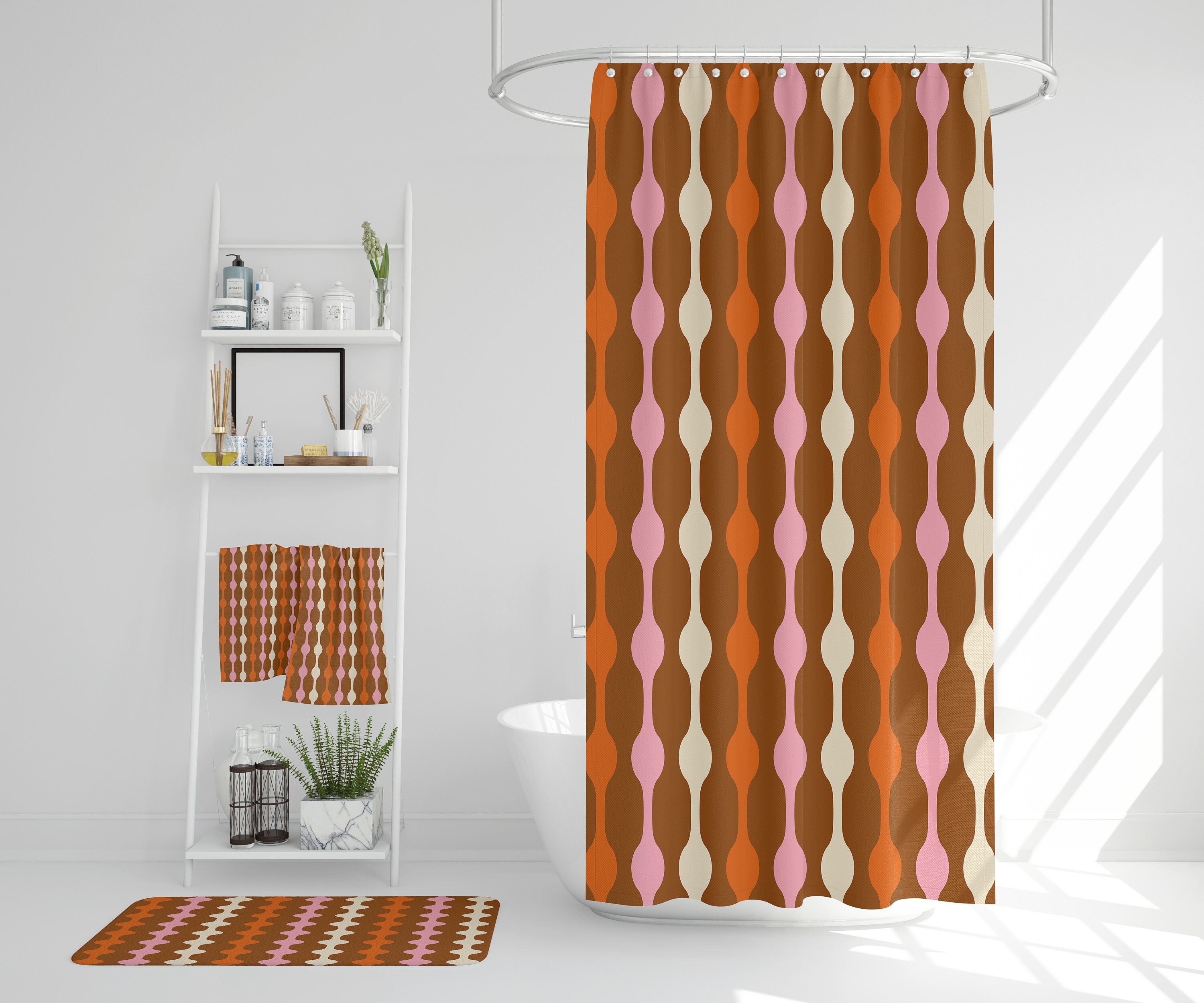 Retro 70s Bathroom Set, Waffle Weave Shower Curtain, Hand Towel, Bath Towel, Spa Wrap