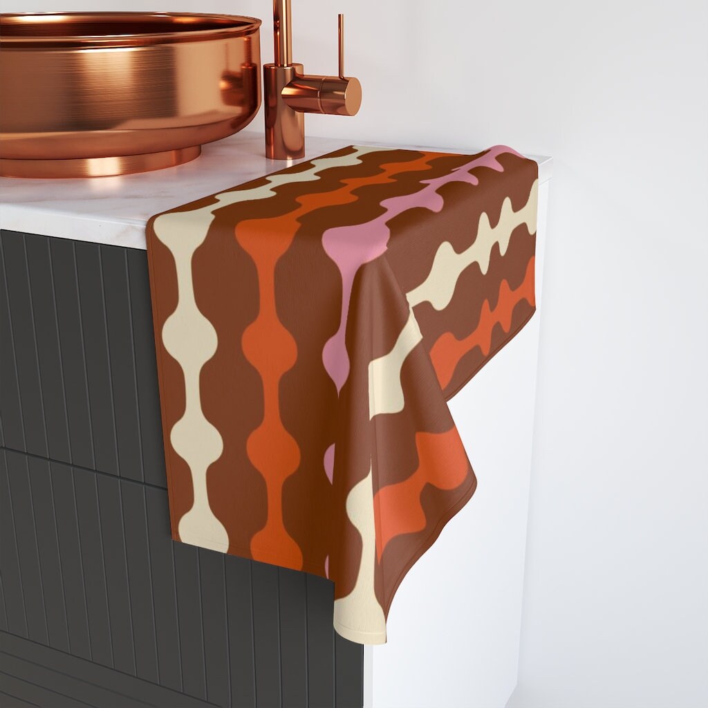 Retro 70s Bathroom Set, Waffle Weave Shower Curtain, Hand Towel, Bath Towel, Spa Wrap - Image 2