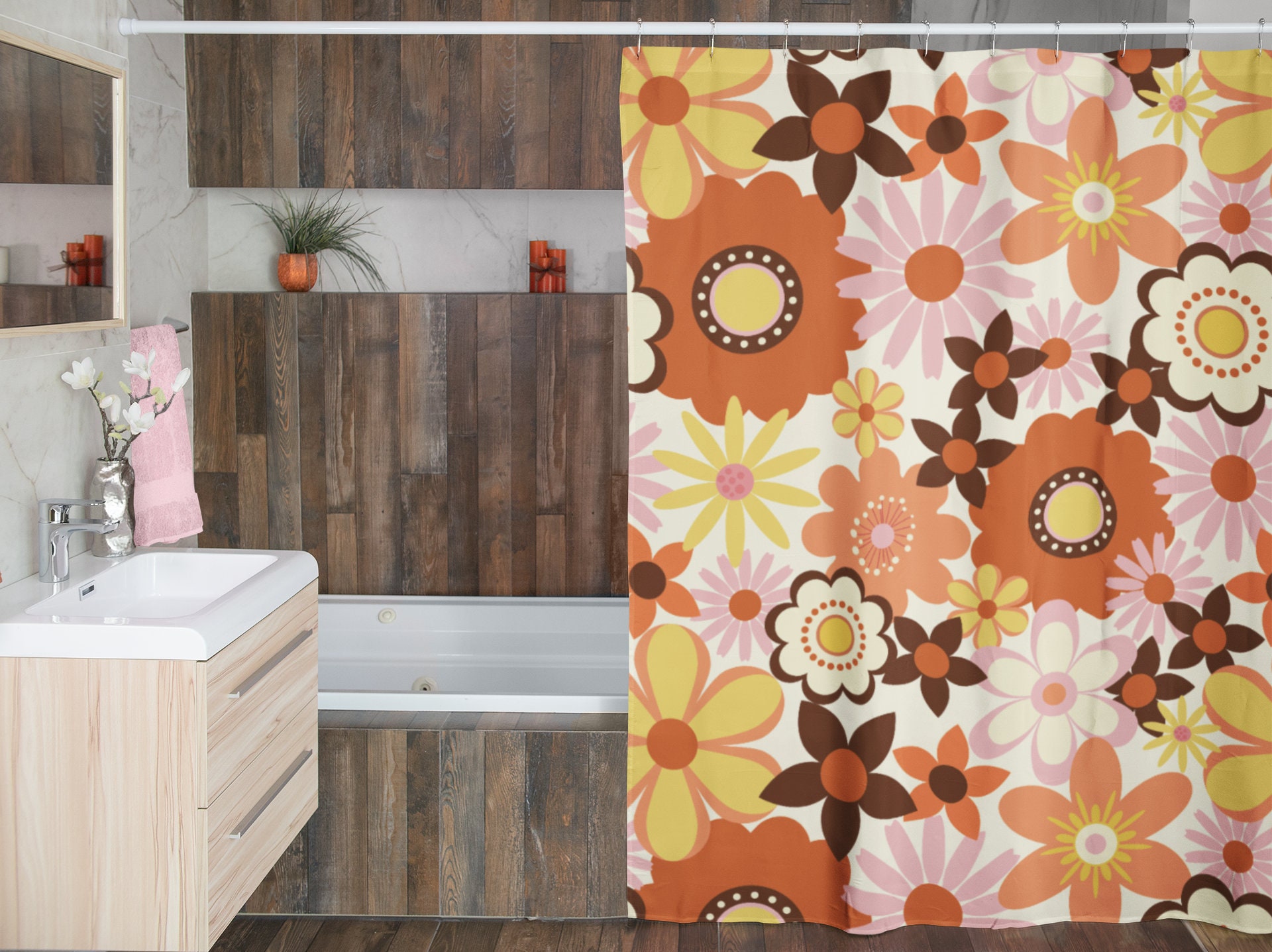 Retro 70's Flowers Inspired Shower Curtain, Flower-Patterned Bathroom Accessory with Vintage Charm