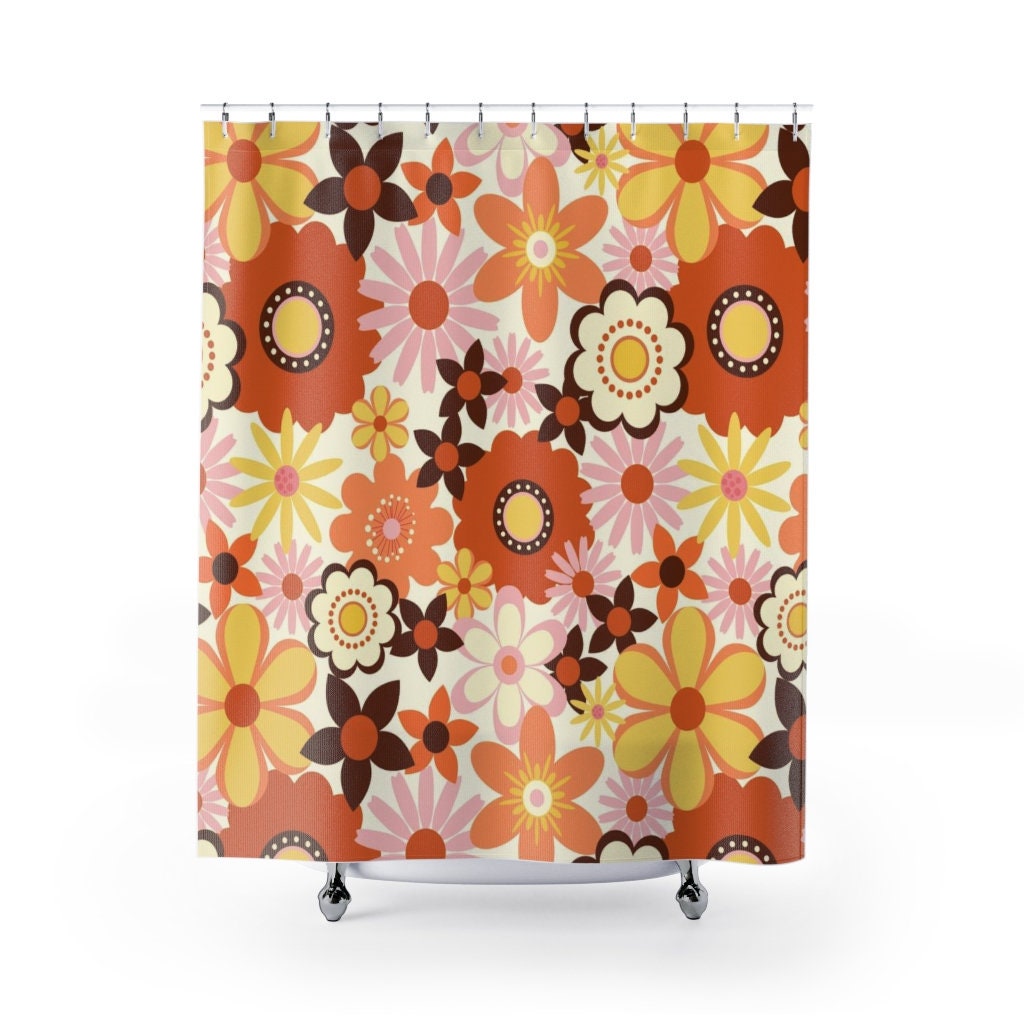 Retro 70's Flowers Inspired Shower Curtain, Flower-Patterned Bathroom Accessory with Vintage Charm - Image 2
