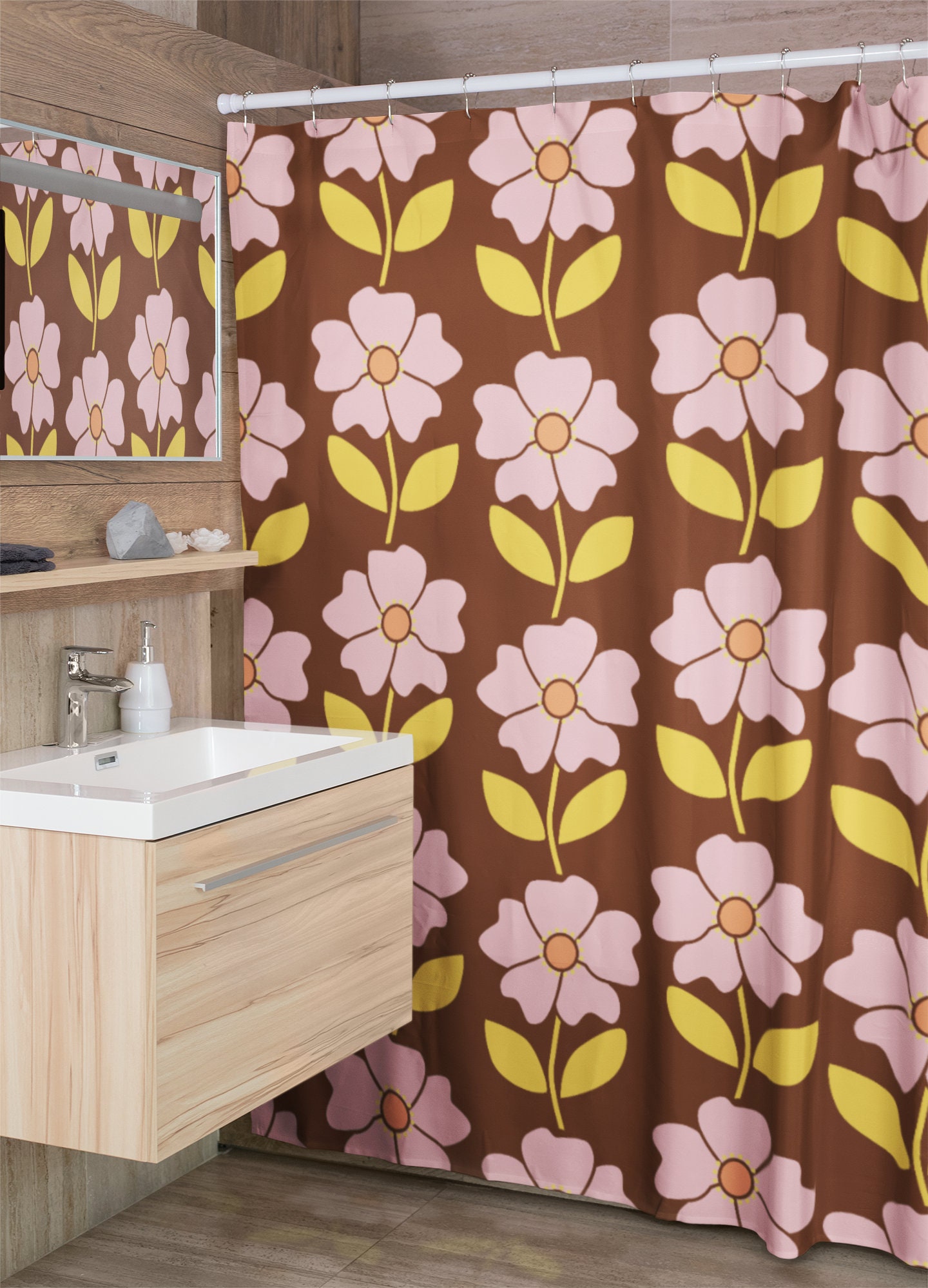 Retro 70's Flowers Shower Curtain, Vintage Bathroom Decor