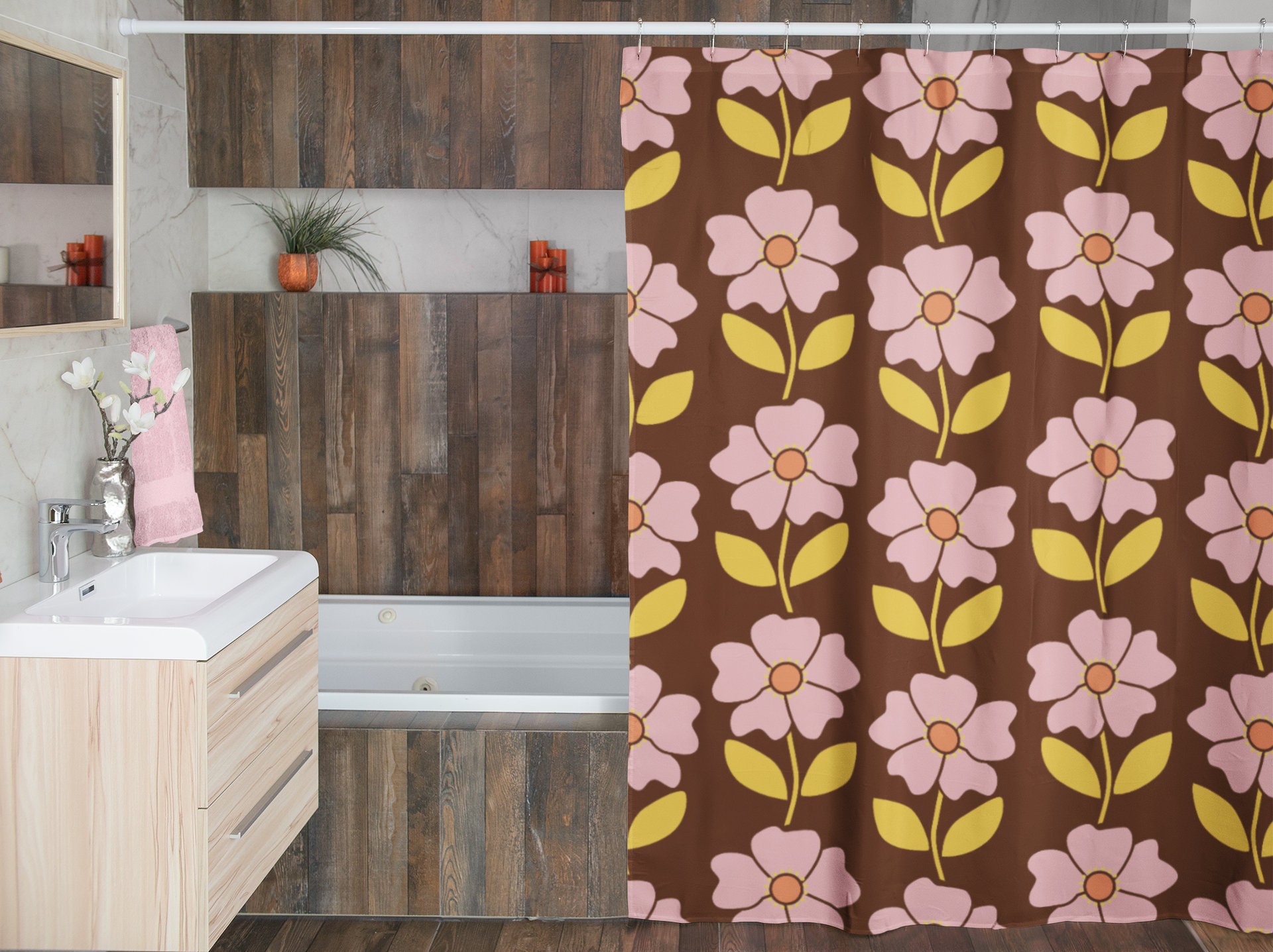 Retro 70's Flowers Shower Curtain, Vintage Bathroom Decor - Image 3