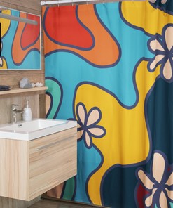 Retro 70's Groovy Shower Curtain, Hippie Bathroom Accessory with Vibrant Colors and Designs
