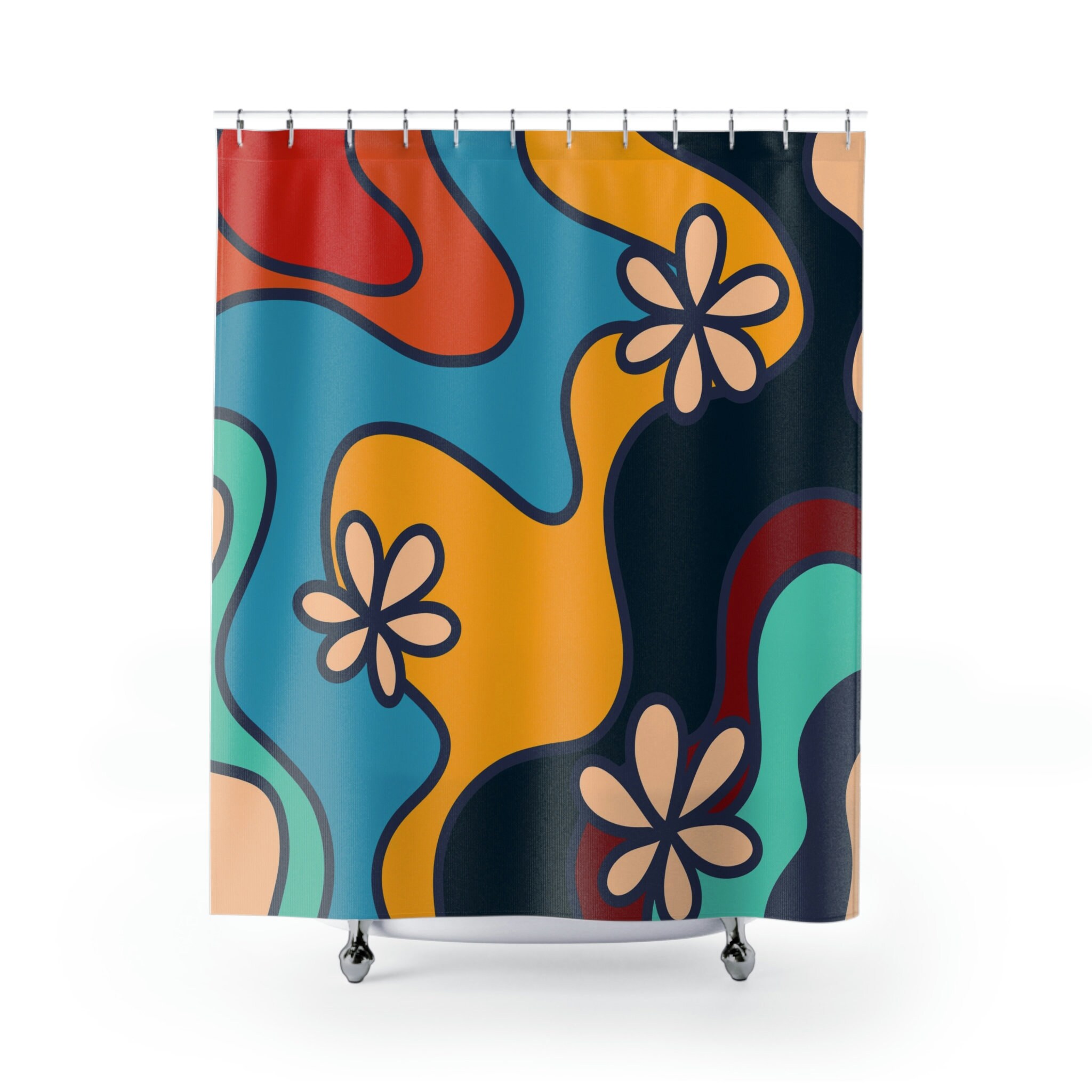 Retro 70's Groovy Shower Curtain, Hippie Bathroom Accessory with Vibrant Colors and Designs - Image 2