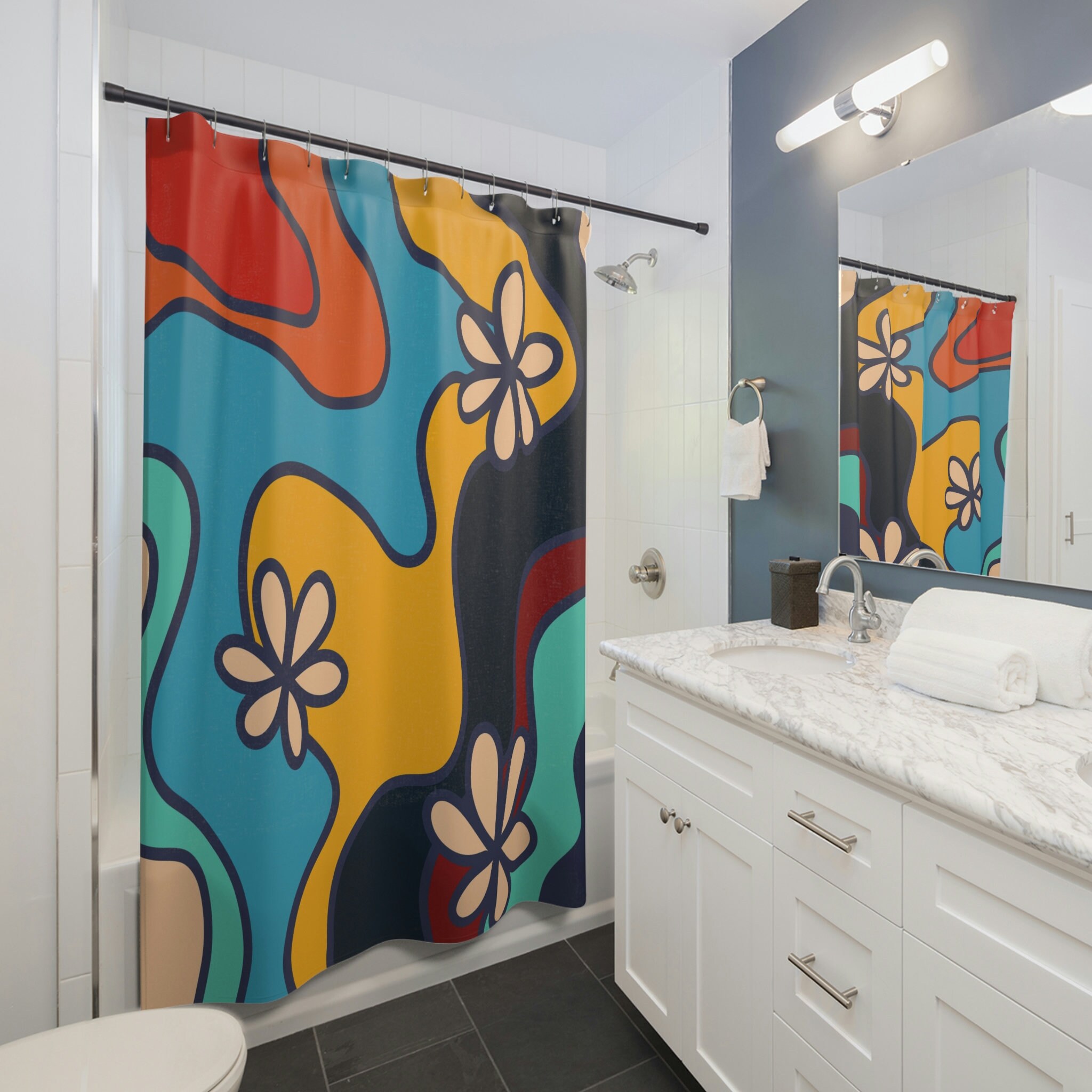 Retro 70's Groovy Shower Curtain, Hippie Bathroom Accessory with Vibrant Colors and Designs - Image 3