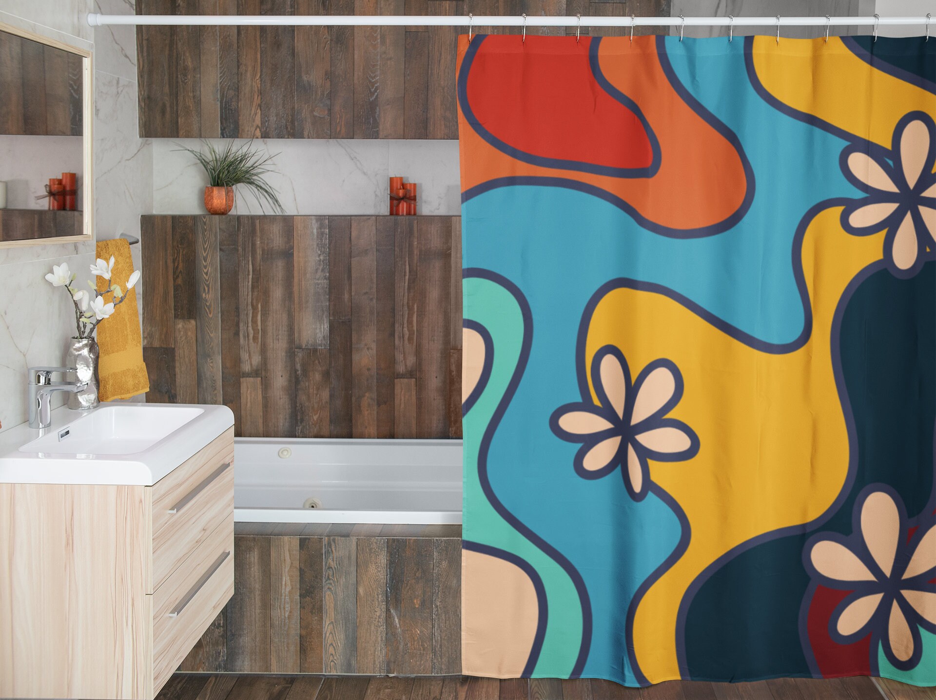 Retro 70's Groovy Shower Curtain, Hippie Bathroom Accessory with Vibrant Colors and Designs - Image 4