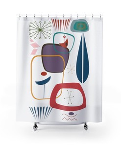 Retro Abstract Atomic White Groovy Shower Curtain for MCM Bathroom