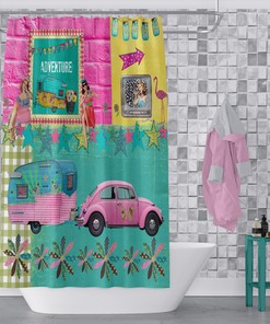 Retro Adventure Shower Curtain | Glamper Camper Theme Bathroom Decor | Vintage Bath Curtain