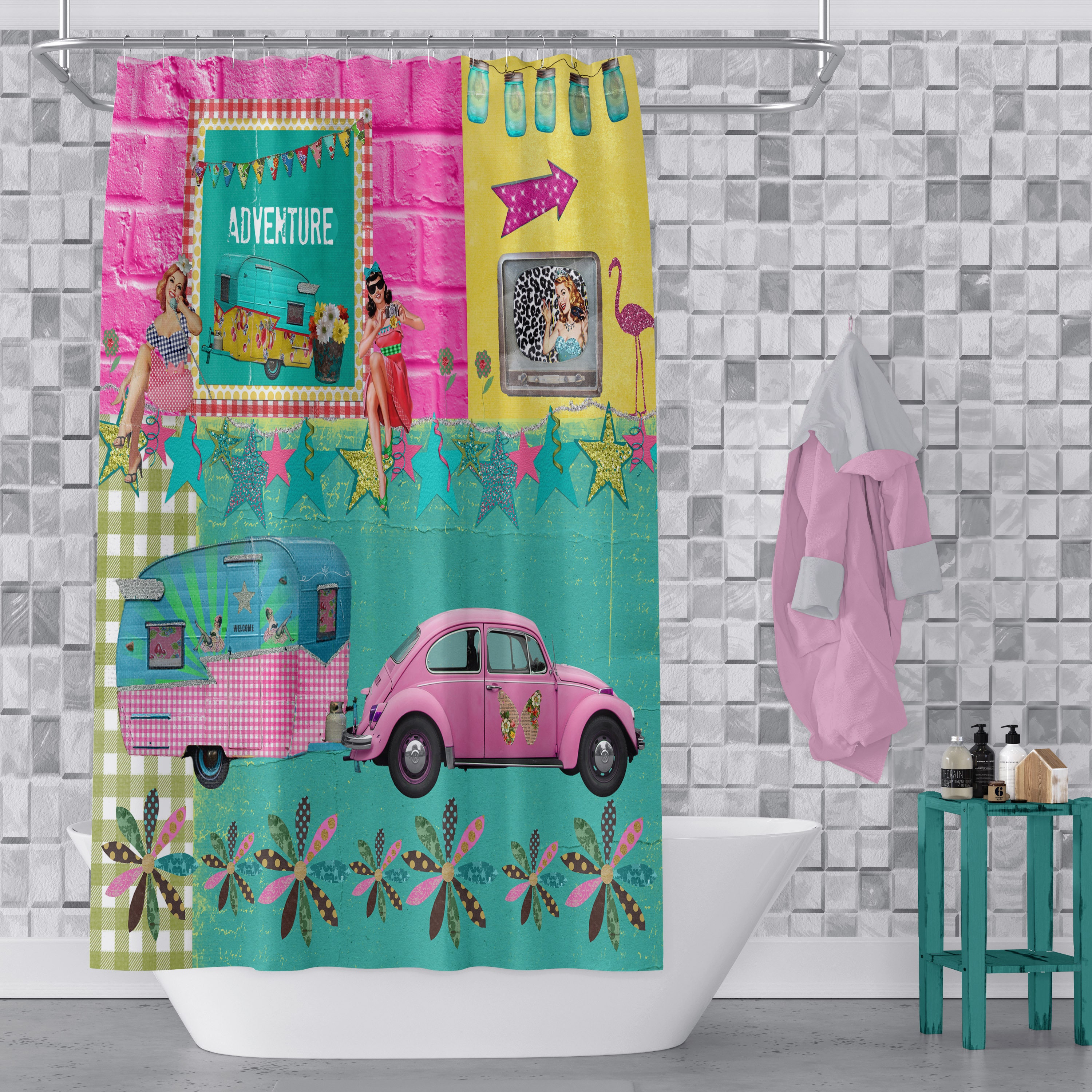 Retro Adventure Shower Curtain | Glamper Camper Theme Bathroom Decor | Vintage Bath Curtain