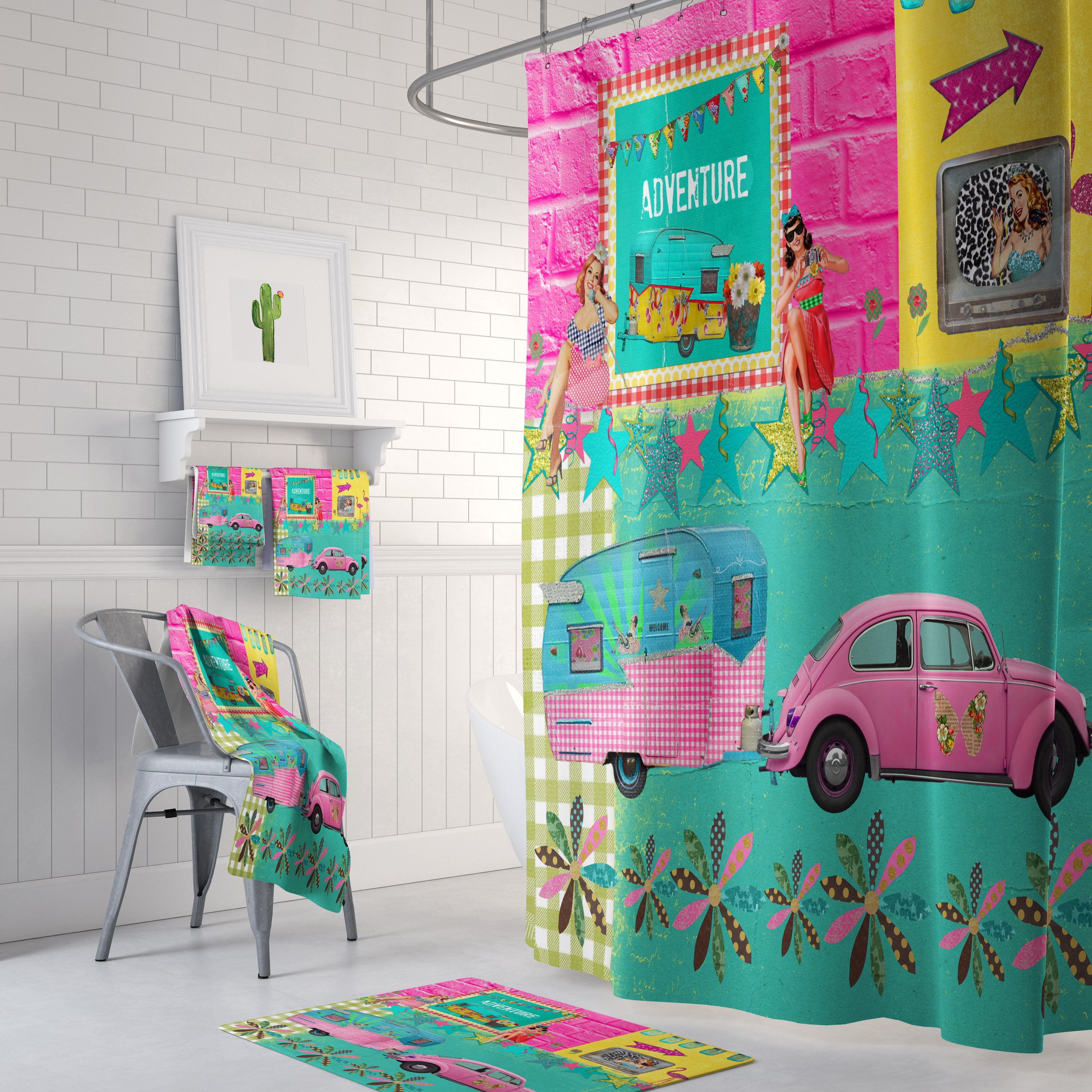 Retro Adventure Shower Curtain | Glamper Camper Theme Bathroom Decor | Vintage Bath Curtain - Image 2