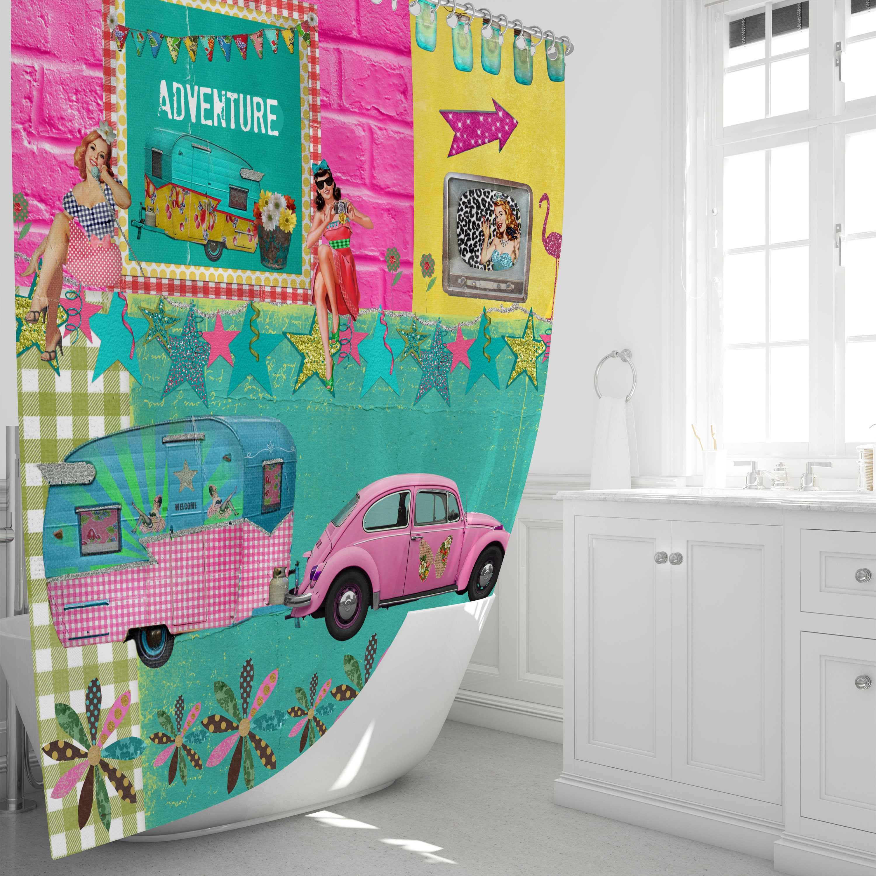Retro Adventure Shower Curtain | Glamper Camper Theme Bathroom Decor | Vintage Bath Curtain - Image 3