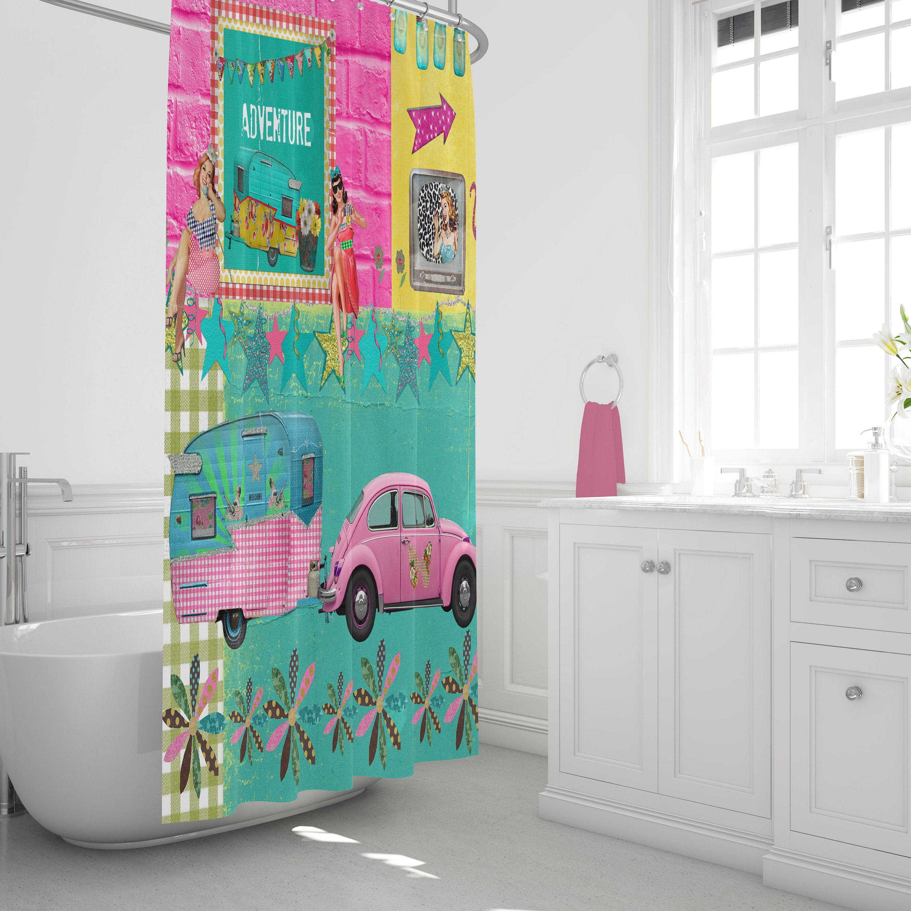 Retro Adventure Shower Curtain | Glamper Camper Theme Bathroom Decor | Vintage Bath Curtain - Image 4