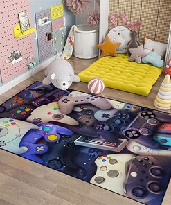 Retro Arcade and Gaming Themed Area Rug for Game Room Decor, Non-Slip Polyester Floor Mat with Fun Game Room Rugs
