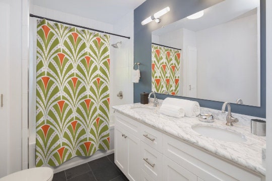 Retro Art Deco Orange and Green Mid Century Modern Shower Curtain for a Bold Statement - Image 4