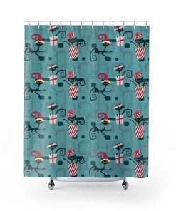 Retro Atomic Christmas Shower Curtain, Mid Century Modern Bathroom Accessory, Home Gift