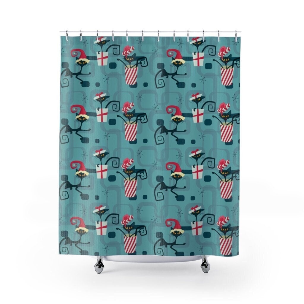 Retro Atomic Christmas Shower Curtain, Mid Century Modern Bathroom Accessory, Home Gift