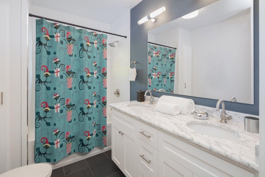 Retro Atomic Christmas Shower Curtain, Mid Century Modern Bathroom Accessory, Home Gift - Image 2
