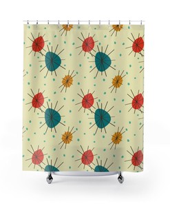 Retro Atomic Starburst of Color MCM Shower Curtain for Mid Century Modern Home Decor