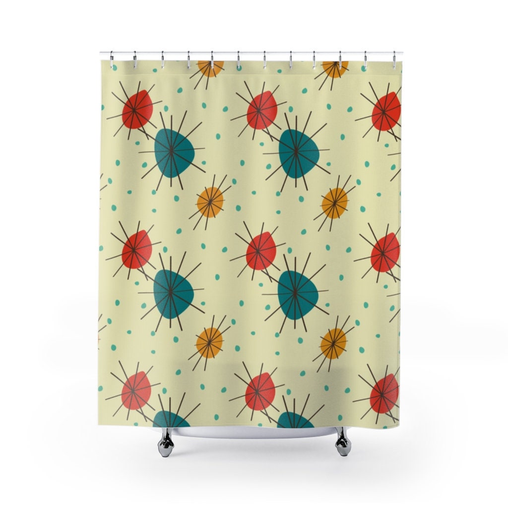 Retro Atomic Starburst of Color MCM Shower Curtain for Mid Century Modern Home Decor