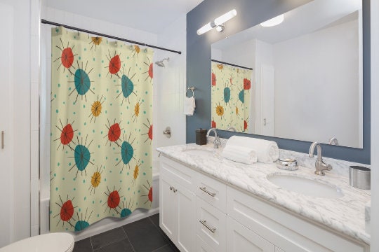 Retro Atomic Starburst of Color MCM Shower Curtain for Mid Century Modern Home Decor - Image 4