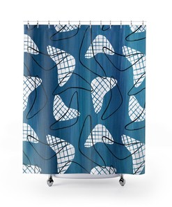 Retro Blue Boomarang Shower Curtain for MCM Bathroom