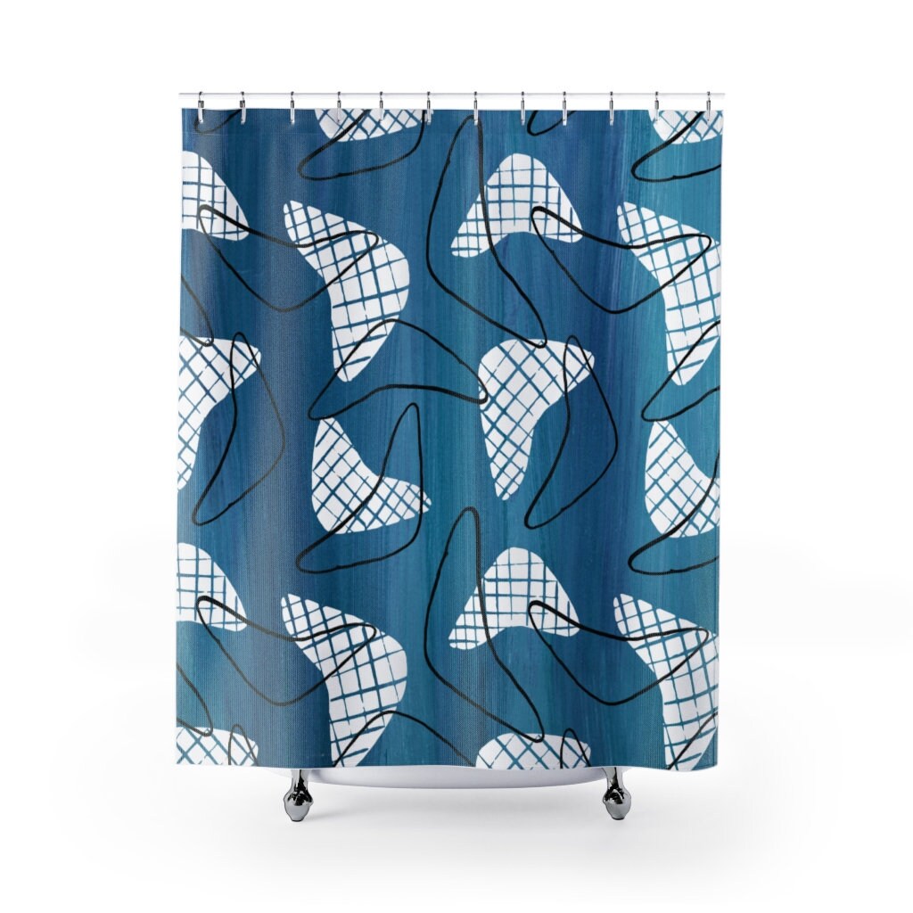 Retro Blue Boomarang Shower Curtain for MCM Bathroom