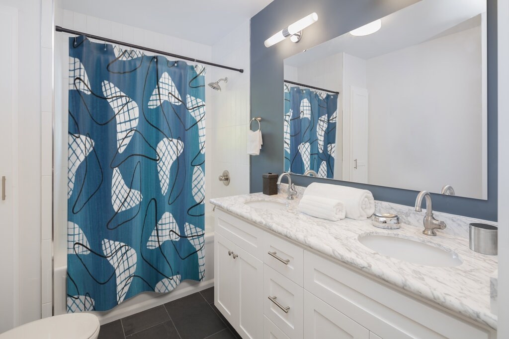 Retro Blue Boomarang Shower Curtain for MCM Bathroom - Image 2