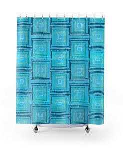 Retro Blue Green Yellow Block Print Shower Curtain for MCM Bathroom