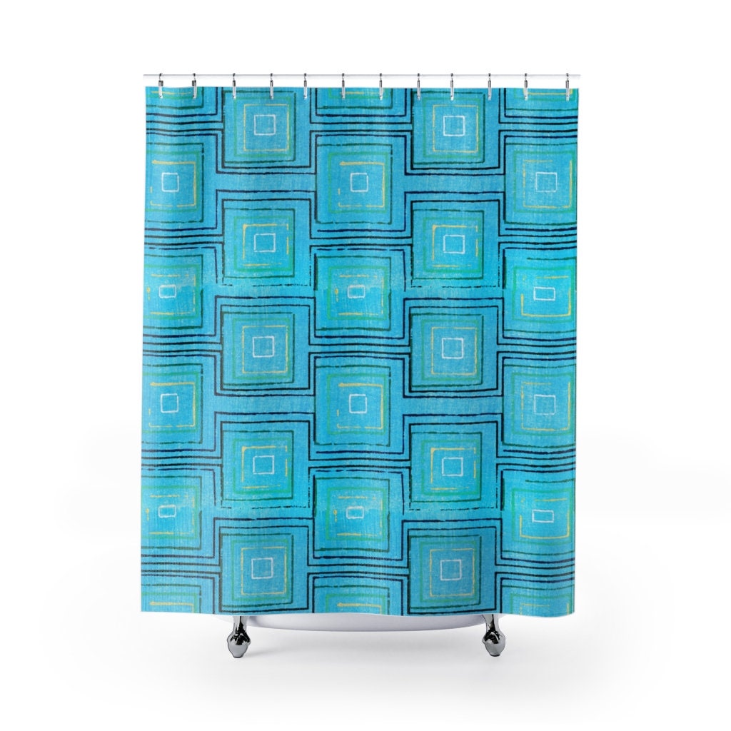 Retro Blue Green Yellow Block Print Shower Curtain for MCM Bathroom