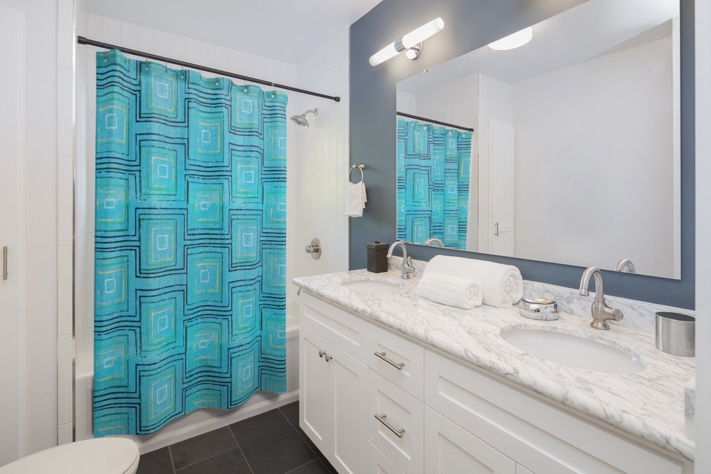 Retro Blue Green Yellow Block Print Shower Curtain for MCM Bathroom - Image 2