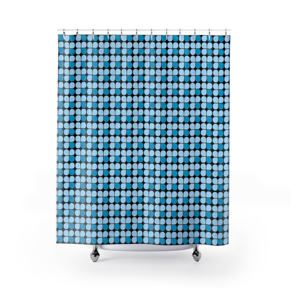 Retro Blue and Black Mid Century Modern Shower Curtain for MCM Bathroom