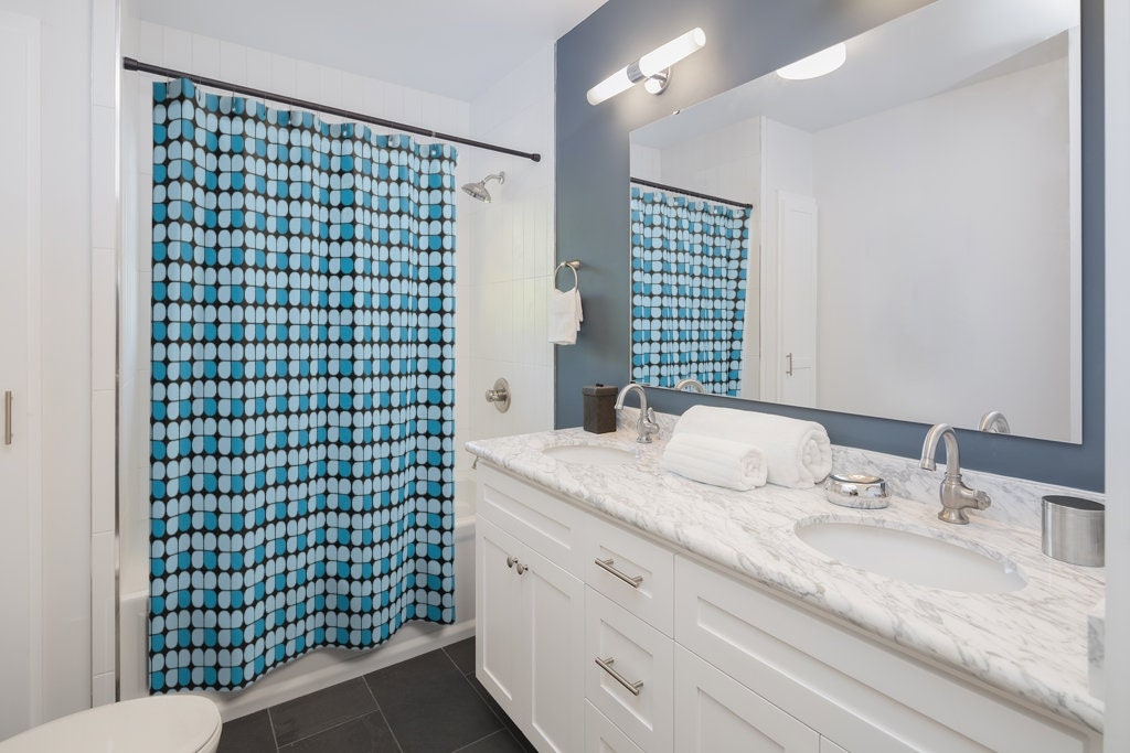 Retro Blue and Black Mid Century Modern Shower Curtain for MCM Bathroom - Image 2
