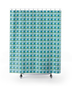 Retro Blue and Green Mid Century Modern Shower Curtain for Vintage Design Bathroom