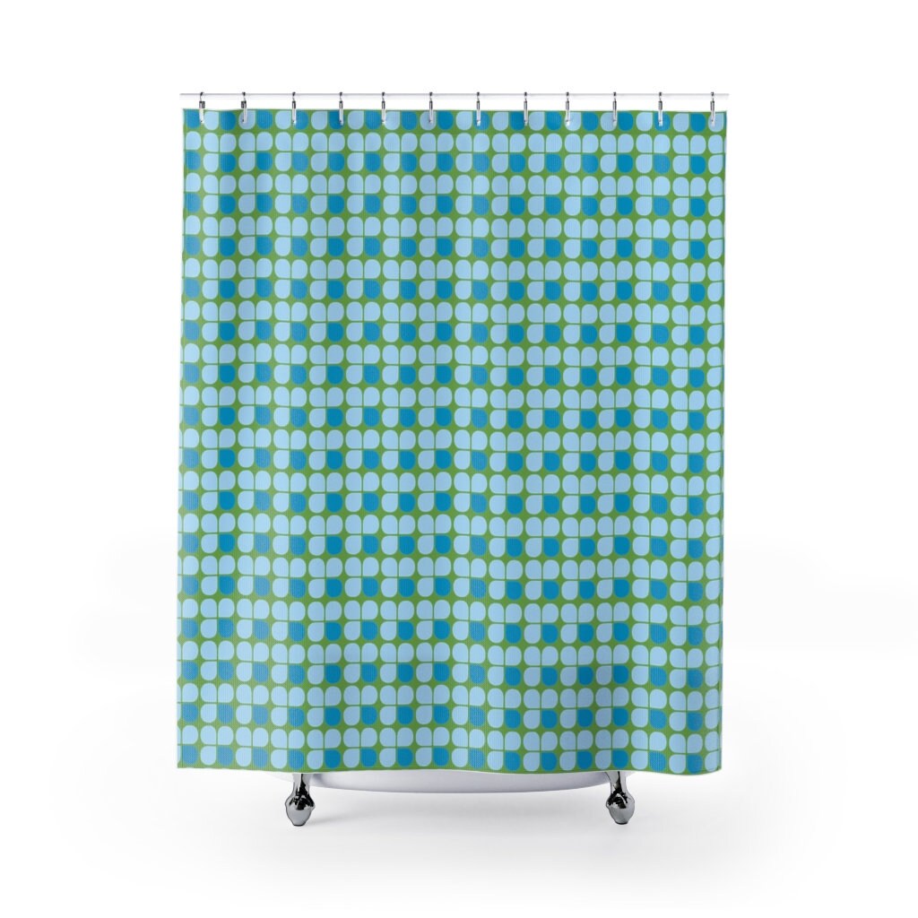 Retro Blue and Green Mid Century Modern Shower Curtain for Vintage Design Bathroom