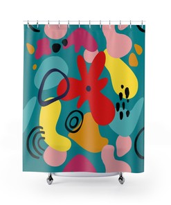 Retro Boho Abstract Art Shower Curtain - Teal Blue and Bohemian Design for Mid Century Modern Bathroom