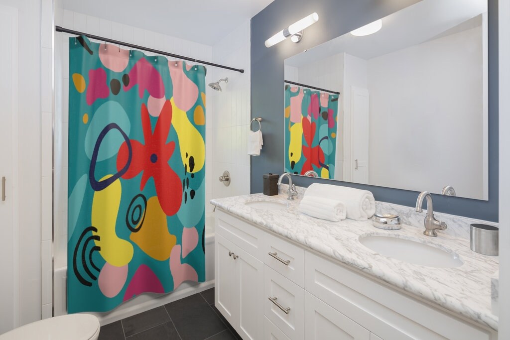 Retro Boho Abstract Art Shower Curtain - Teal Blue and Bohemian Design for Mid Century Modern Bathroom - Image 2