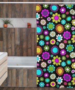 Retro Boho Flowers Shower Curtain, Groovy 60's 70's Hippie Bathroom Accessory