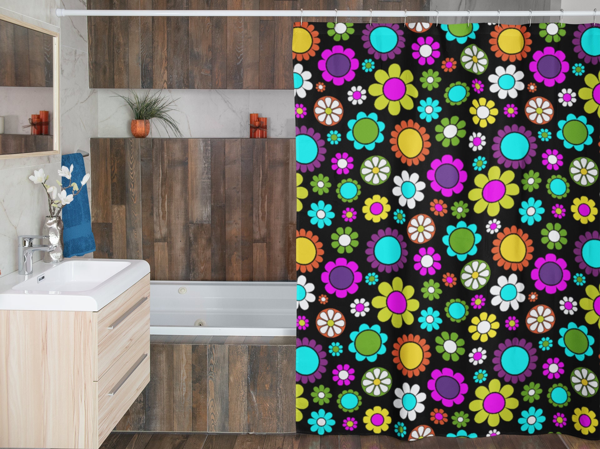 Retro Boho Flowers Shower Curtain, Groovy 60's 70's Hippie Bathroom Accessory