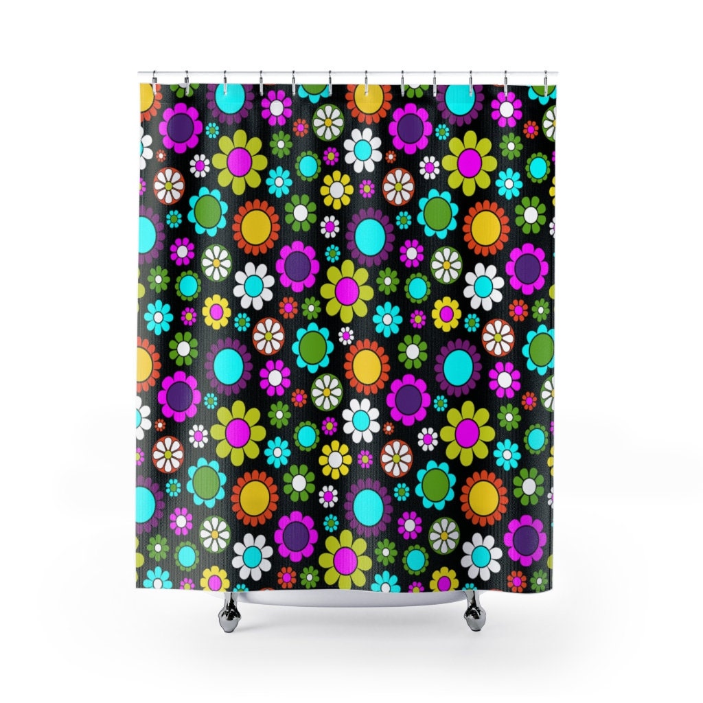 Retro Boho Flowers Shower Curtain, Groovy 60's 70's Hippie Bathroom Accessory - Image 2