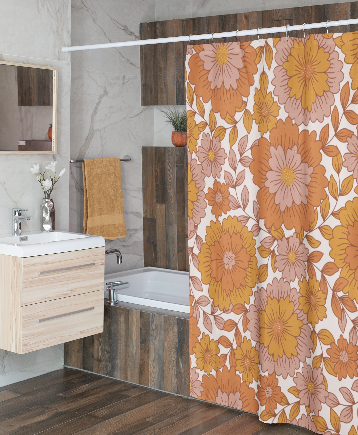 Retro Boho Flowers Shower Curtain, Groovy 60's 70's Hippie Bathroom Accessory, Chic Vintage Curtain