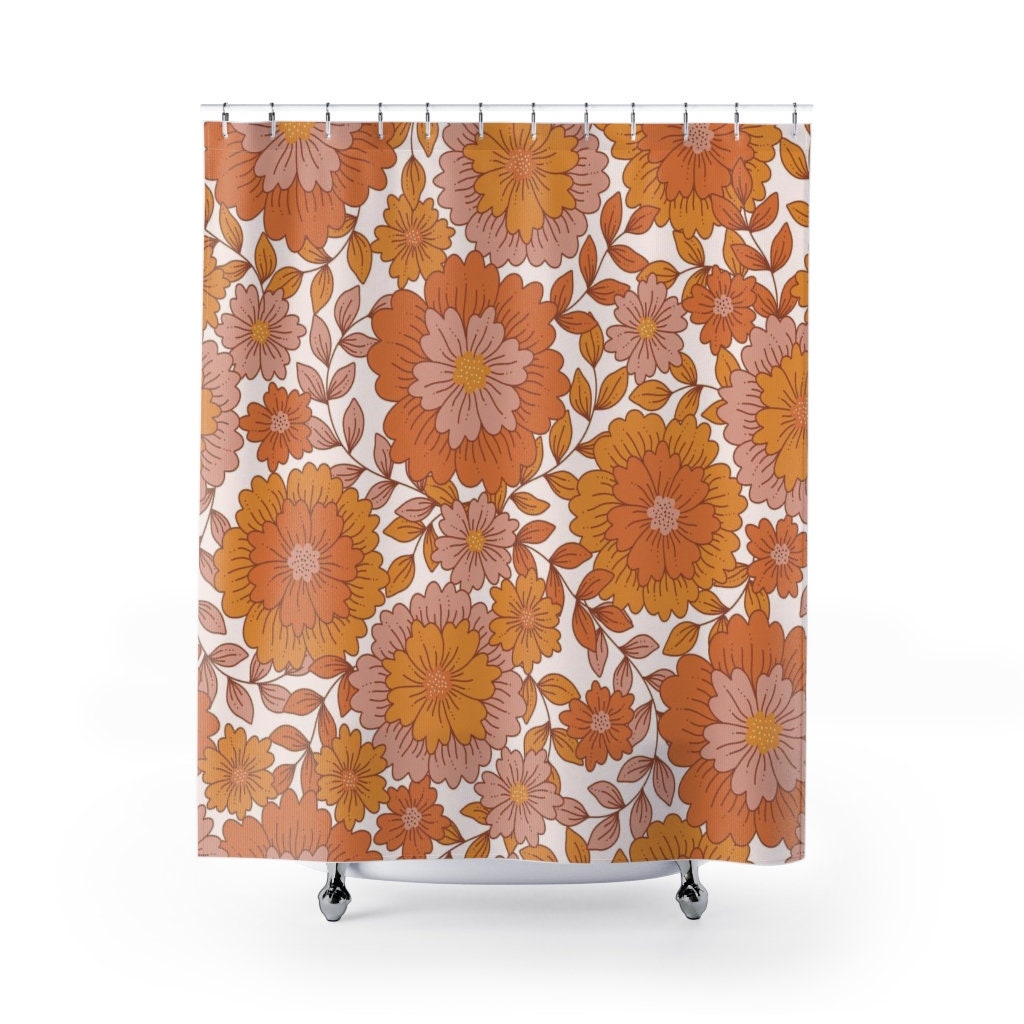 Retro Boho Flowers Shower Curtain, Groovy 60's 70's Hippie Bathroom Accessory, Chic Vintage Curtain - Image 2