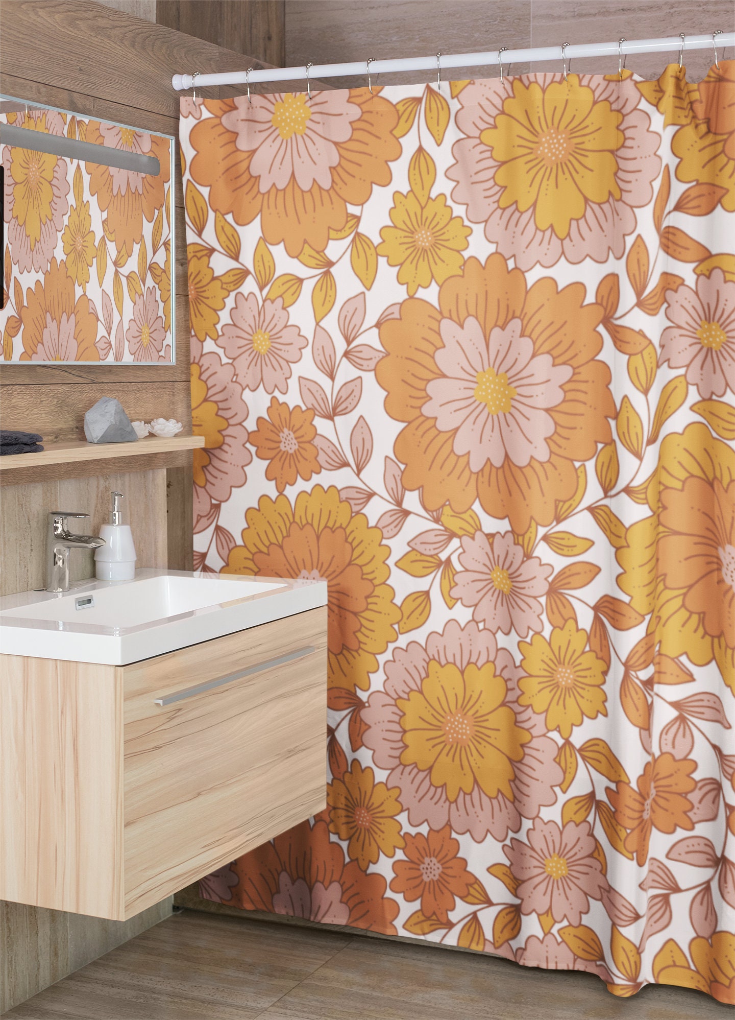 Retro Boho Flowers Shower Curtain, Groovy 60's 70's Hippie Bathroom Accessory, Chic Vintage Curtain - Image 4