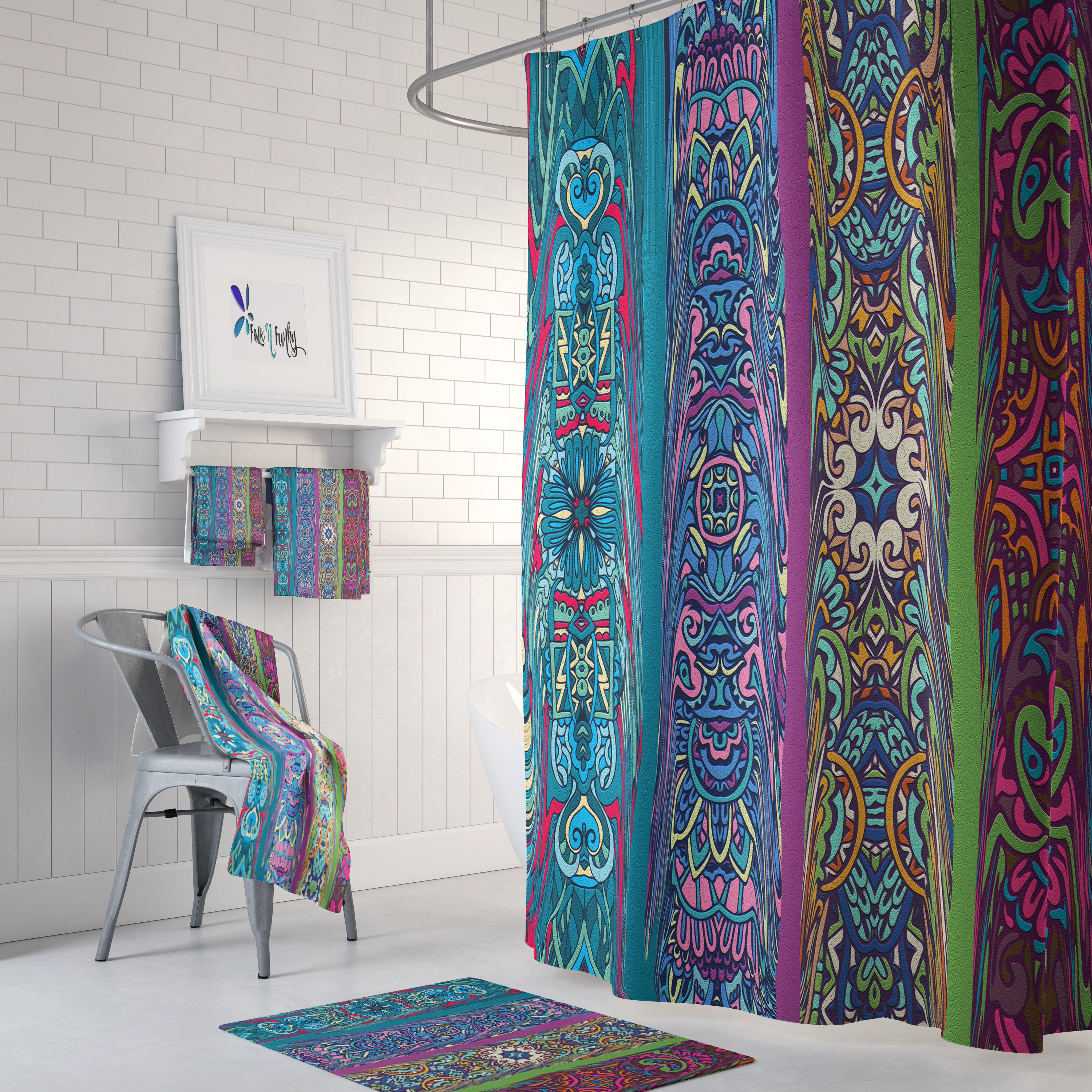 Retro Boho Hippie Shower Curtain | Abstract Fabric Bath Curtain | Vintage Bathroom Decor