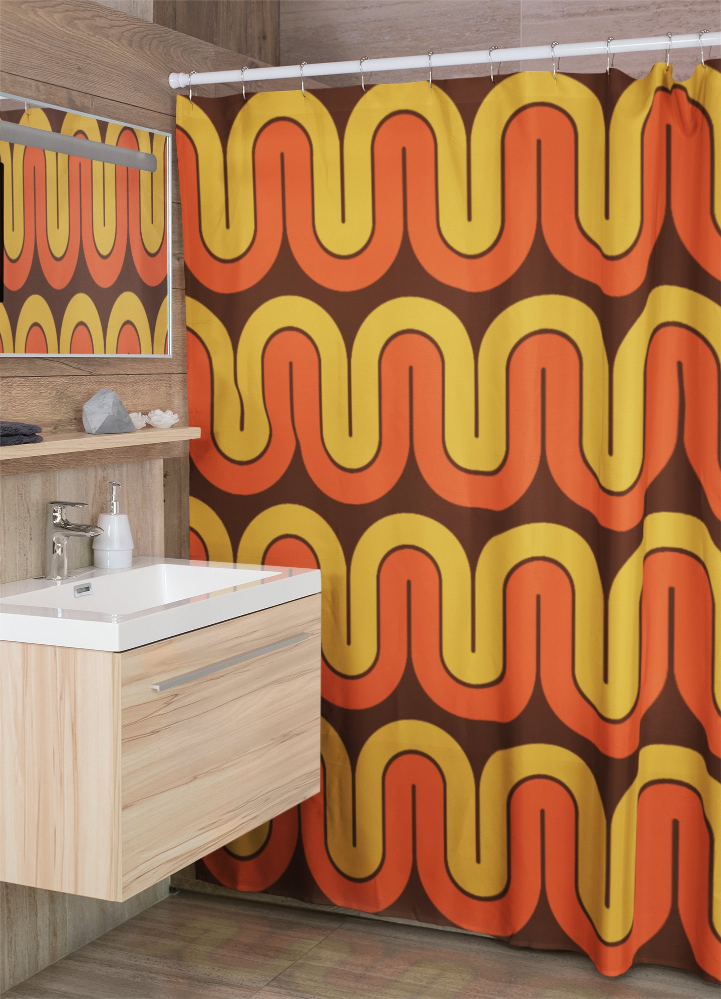 Retro Boho Shower Curtain, Mid Century Modern Bathroom Accessory, Home Gift