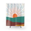 Retro Boho Sun Groovy Wave Shower Curtain in Orange, Mustard Yellow, and Teal Blue