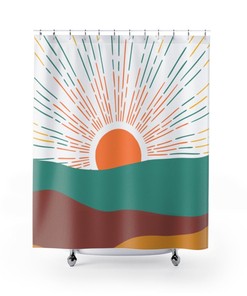 Retro Boho Sun Groovy Wave Shower Curtain in Orange, Mustard Yellow, and Teal Blue