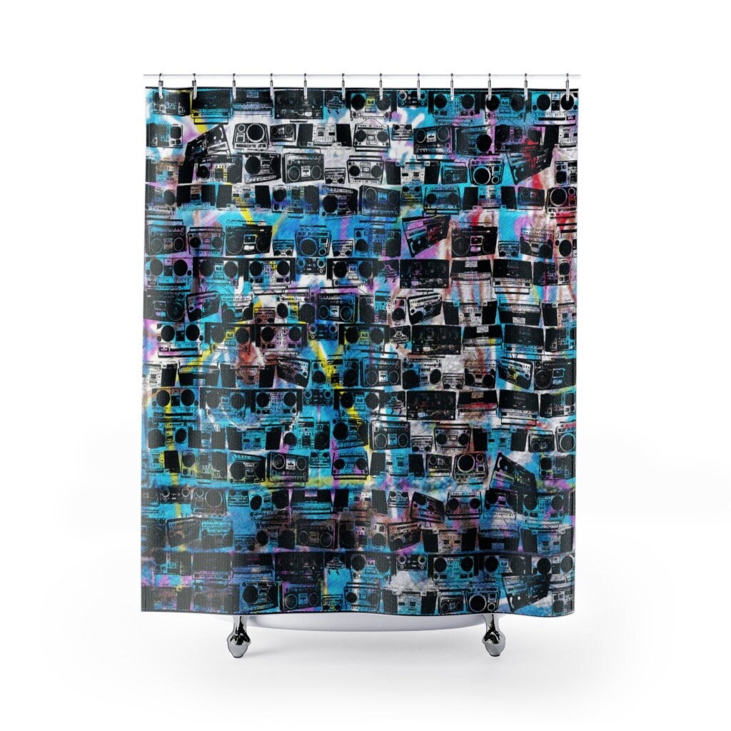 Retro Boombox Graffiti Shower Curtain for 80s Hip Hop Vibes