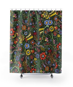 Retro Botanical Flower Field Herb Shower Curtain - Green Plant Leaves Nature Bathroom Decor