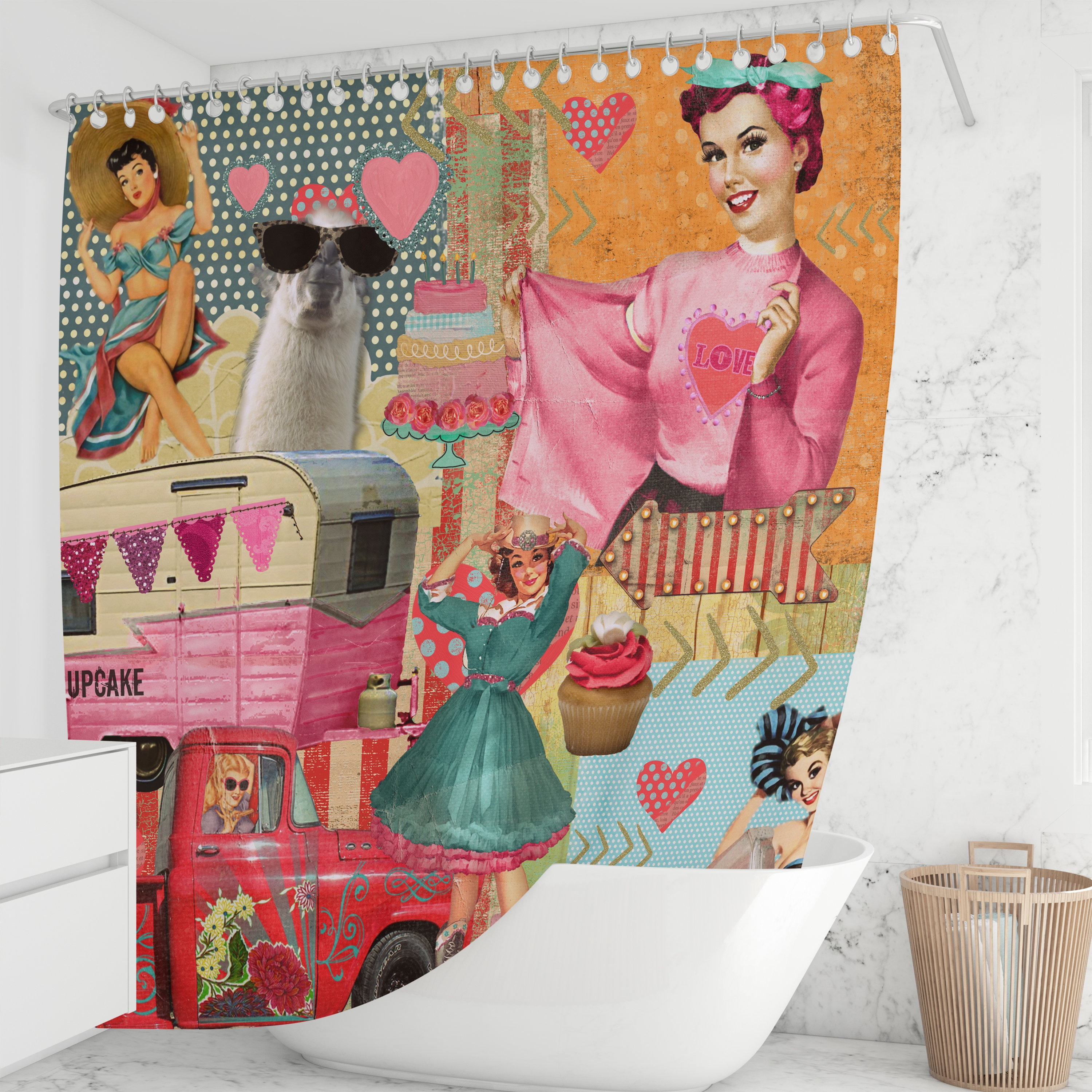Retro Camper Theme Shower Curtain | Queen of the Camper Design | Vintage Bathroom Decor - Image 2