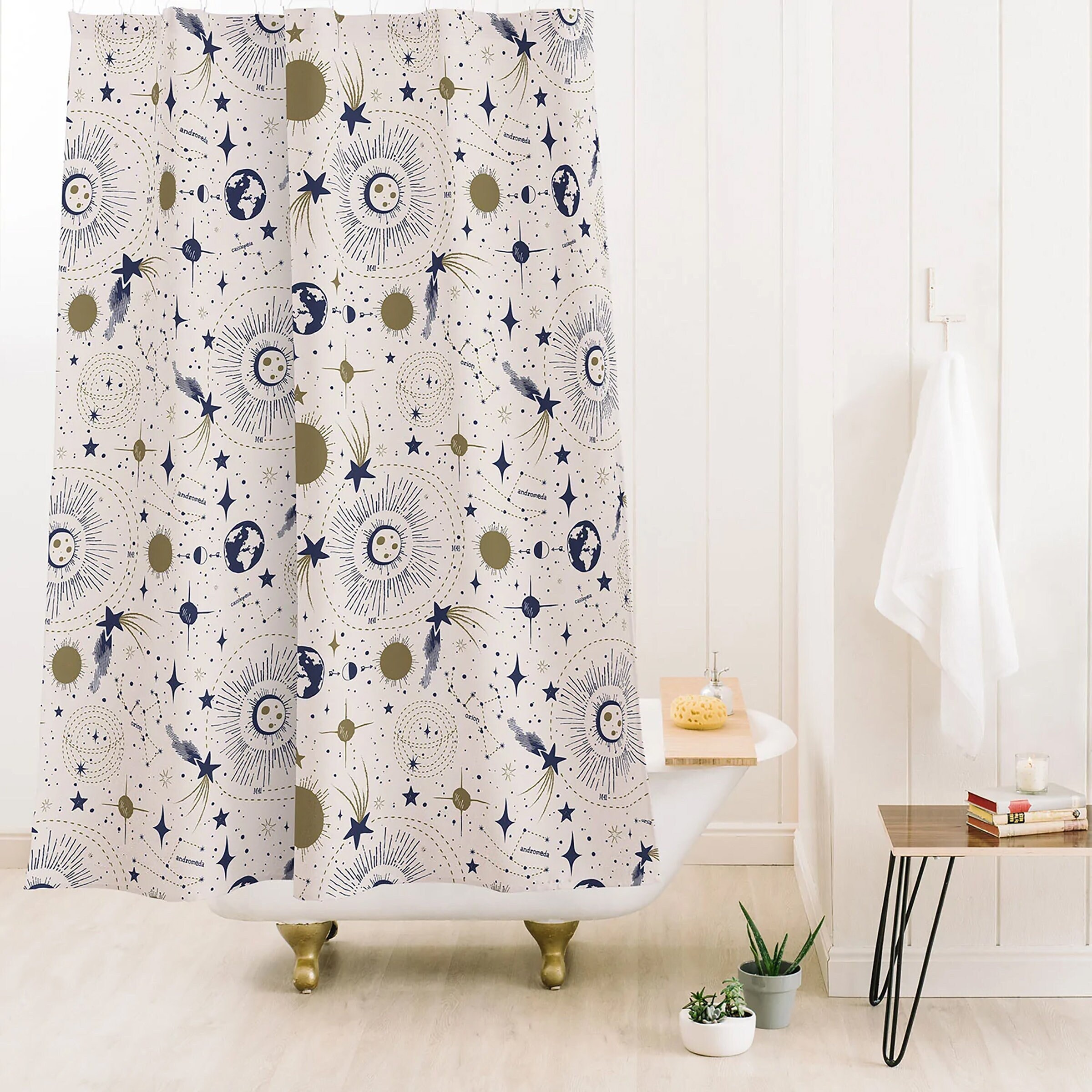 Retro Celestial Shower Curtain | Outer Space Stars Bath Curtain | Vintage Bathroom Decor